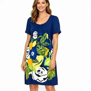 ECI Floral Shift Dress Women 8 Navy Blue Excellent Short Sleeve Square Neck 32.5